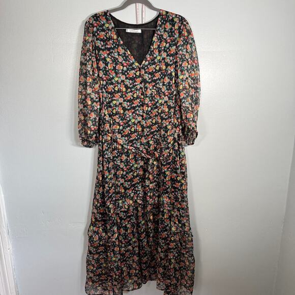 Mango Floral Button Down Puff Sleeve Maxi Dress Plus Size 22 Black - Picture 1 of 7